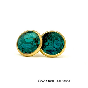 Load image into Gallery viewer, ROCWORX ® 14k gold plated studs with teal stone pattern marbled ballet leather