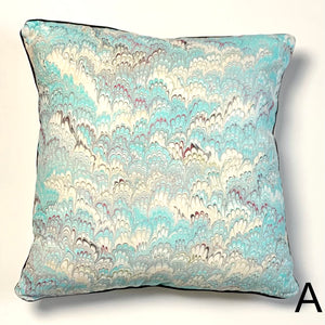 Load image into Gallery viewer, Bouquet (Peacock) marbling pattern, linen fabric square cushion. Multi-colour teal, dark grey, maroon and cream. Approximate measurement 16in x 16 in (40cms x 40 cms)
