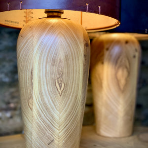 Load image into Gallery viewer, Detail of PJW Woodworks Ash wooden lamp base, with base of RUGGLESTONE leather lampshade