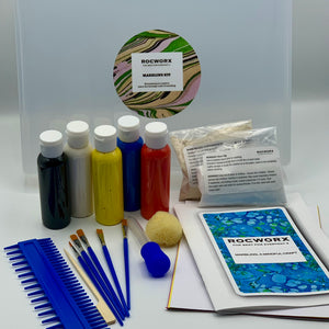 Load image into Gallery viewer, Marbling Kit containing everything you need to marble successfully at home. Comes in an A4 plastic lidded bath tray, acrylic paints, brushes, stylus, Combe, pipette, pipette brush cleaner, marbling mix, mordant mix, natural sponge, papers, card, and guide.