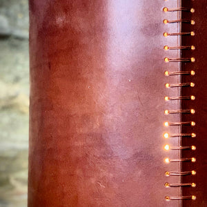 Load image into Gallery viewer, ROCWORX.  Detail of the RUGGLESTONE Leather Lampshade in Dark London Tan.  Ladder stitched in waxed linen thread and repurposed electrical copper wire.