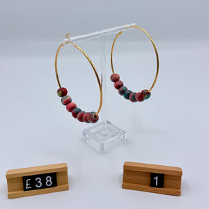 Load image into Gallery viewer, READY TO SHIP MARBLED WOODEN BEAD GOLD PLATED 70mm HOOP EARRINGS
