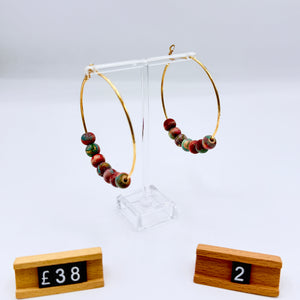 Load image into Gallery viewer, READY TO SHIP MARBLED WOODEN BEAD GOLD PLATED 70mm HOOP EARRINGS

