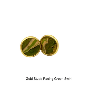 Load image into Gallery viewer, 14k gold plated studs with racing green marbled ballet leather in abstract swirl pattern
