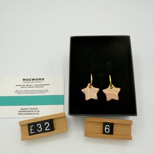 Load image into Gallery viewer, READY TO SHIP MARBLED BALLET SLIPPER LEATHER STAR GOLD PLATED HOOP EARRINGS 20MM
