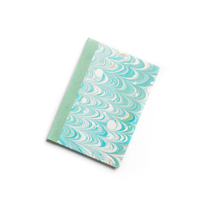 Load image into Gallery viewer, ROCWORX A5 Marbled Hand-stitched sketchbook with protective cloth spine.  Nonpareil pattern in dark teal and green
