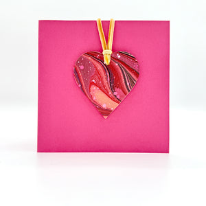 Load image into Gallery viewer, Marbled waxed paper on pink leather heart decoration card
