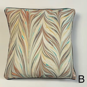 Load image into Gallery viewer, Chevron marbling pattern, linen fabric square cushion. Neutral in burnt umber, soft teal and soft peach. Approximate measurement 16in x 16 in (40cms x 40 cms)
