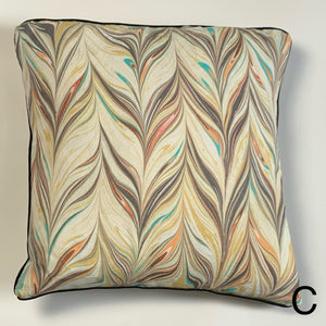 Load image into Gallery viewer, Chevron marbling pattern, linen fabric square cushion. Neutral in burnt umber, soft teal and soft peach. Approximate measurement 16in x 16 in (40cms x 40 cms)
