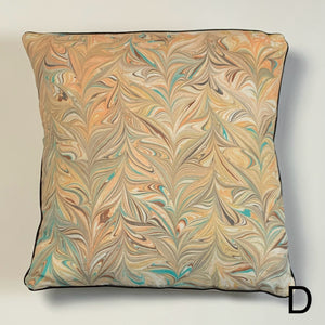 Load image into Gallery viewer, Chevron marbling pattern, linen fabric square cushion. Neutral in burnt umber, dark peach, dark teal, soft green, dark grey, light grey, creamy gold. Approximate measurement 16in x 16 in (40cms x 40 cms)
