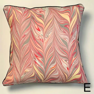 Load image into Gallery viewer, Feathered Chevron marbling pattern, linen fabric square cushion.  Maroon, cherry red, soft pink, dark grey, light grey, lemon gold, cream. Approximate measurement 16in x 16 in (40cms x 40 cms)
