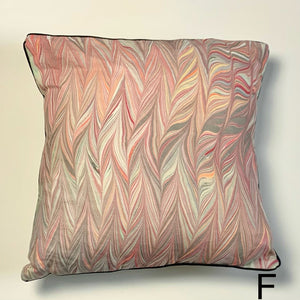 Load image into Gallery viewer, Chevron marbling pattern, linen fabric square cushion. Maroon, cherry red, soft pink, dark grey, light grey, lemon gold, cream. Approximate measurement 16in x 16 in (40cms x 40 cms)
