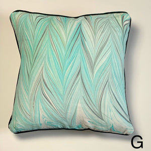 Load image into Gallery viewer, Chevron marbling pattern, linen fabric square cushion. Dark teal, light teal, grey, black, white + hint of green.  Approximate measurement 16in x 16 in (40cms x 40 cms)
