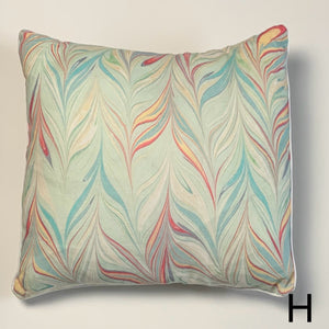 Load image into Gallery viewer, Chevron marbling pattern, linen fabric square cushion. Multi-colour way: light teal, dark teal, dark green, light green, lemon gold, maroon, grey, cream.  Approximate measurement 16in x 16 in (40cms x 40 cms)
