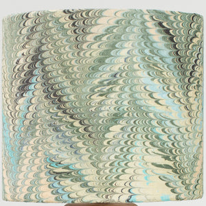 Load image into Gallery viewer, Detail Linen lampshade in marbling Feathers Nonpareil pattern in dark green, lemon and teal
