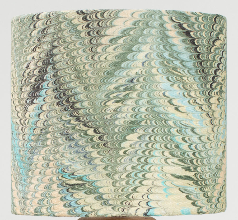 Detail Linen lampshade in marbling Feathers Nonpareil pattern in dark green, lemon and teal