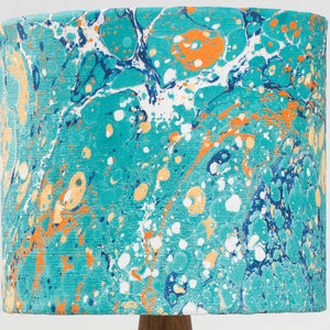 Load image into Gallery viewer, Linen lampshade in Stone marbling pattern in dark teal and dark peach
