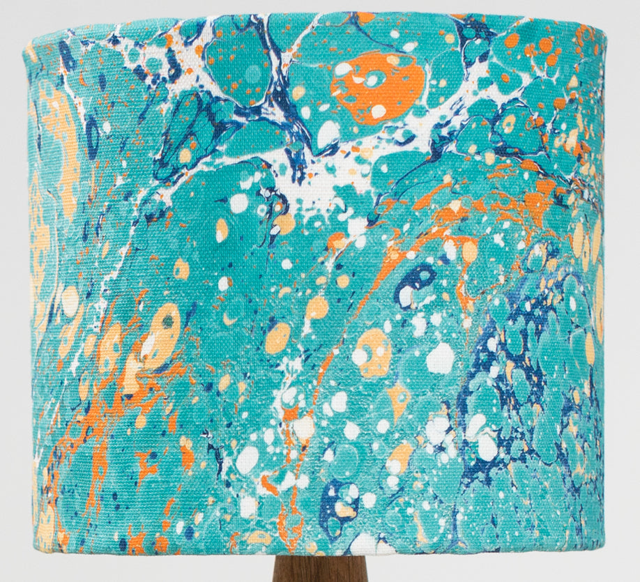 Linen lampshade in Stone marbling pattern in dark teal and dark peach