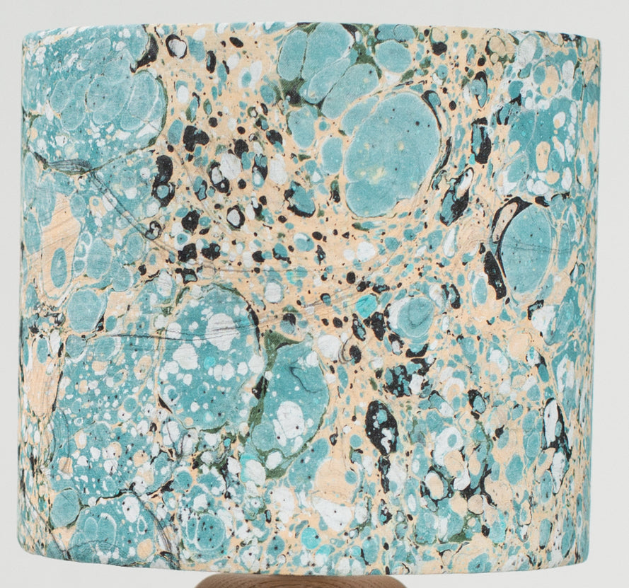 Marbled cotton lampshade in Stone pattern of dark teal and soft lemon, hint of black and dark green
