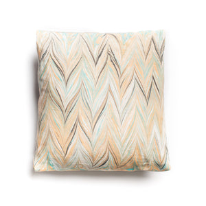 Load image into Gallery viewer, Marbled linen fabric in teal and peach Chevron pattern.  Approximate measurement 16in x 16 in (40cms x 40 cms)
