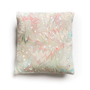 Load image into Gallery viewer, Marbled linen cushion in teal, cherry red, peach and green Swirl pattern.  Approximate measurement 16in x 16 in (40cms x 40 cms)
