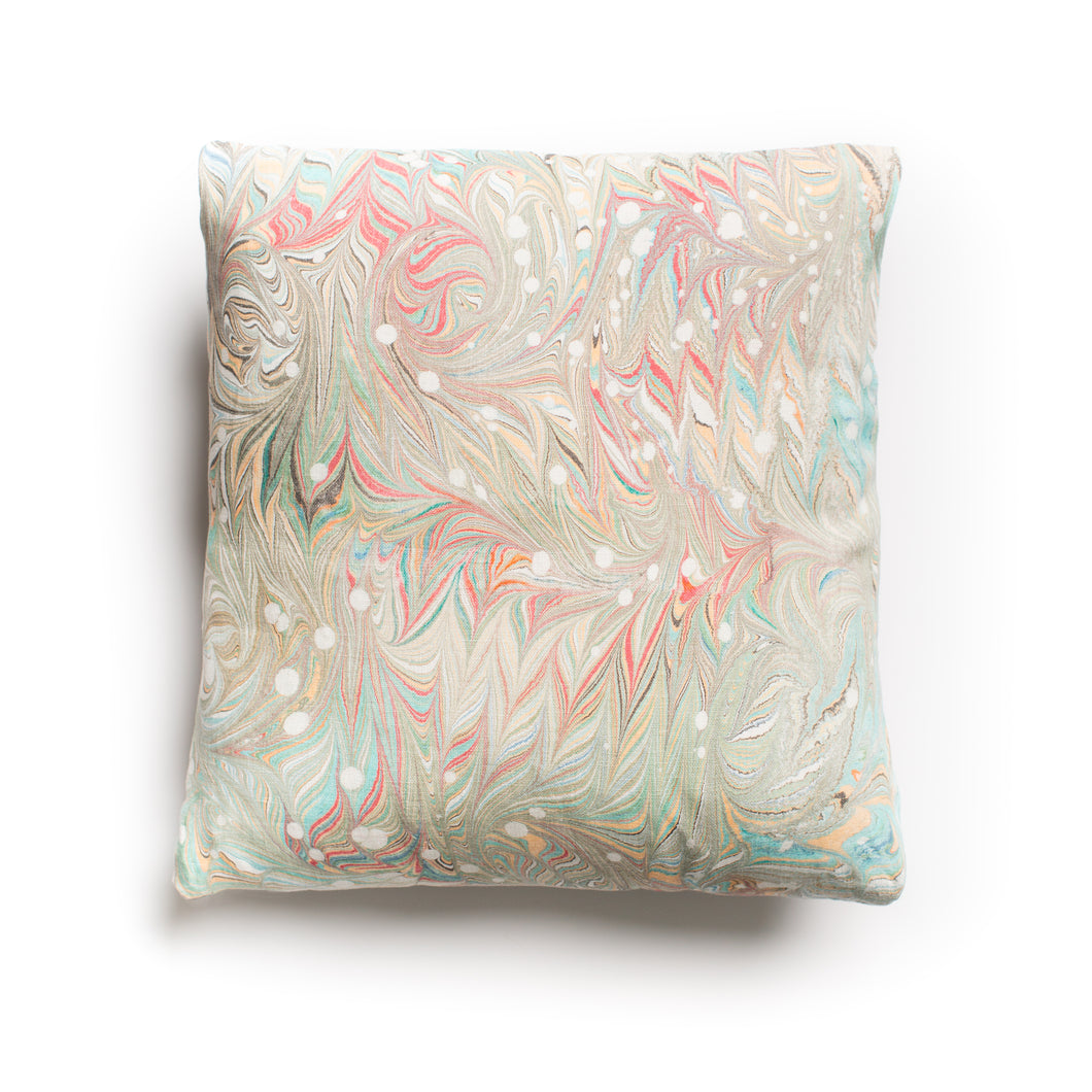 Marbled linen cushion in teal, cherry red, peach and green Swirl pattern.  Approximate measurement 16in x 16 in (40cms x 40 cms)