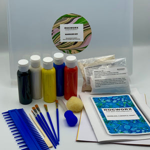 Load image into Gallery viewer, Marbling Kit containing everything you need to marble successfully at home. Comes in an A4 plastic lidded bath tray, acrylic paints, brushes, stylus, Combe, pipette, pipette brush cleaner, marbling mix, mordant mix, natural sponge, papers, card, and guide.
