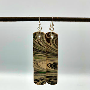 Load image into Gallery viewer, ROCWORX Marbled Leather Earrings on sterling silver hooks.  Marbled leather is monochrome with hint of dark green.  Part of no waste circular design range
