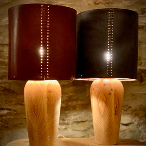 Load image into Gallery viewer, Rugglestone Leather lampshades in Dark Oak and Dark London Tan on VASE Ash wooden lamp base. 
