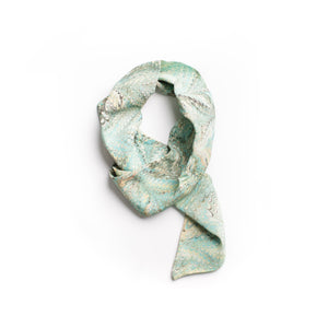Load image into Gallery viewer, Marbled silk scarf in Nonpareil marbling pattern.  Dark green, teal and soft lemon with a hint of black.  Doubled lined for comfort.
