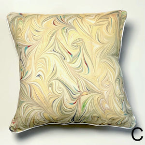 Load image into Gallery viewer, Swirl marbling pattern, linen fabric square cushion. Multi-colour peach, teal, green, dark grey and maroon. Approximate measurement 16in x 16 in (40cms x 40 cms)
