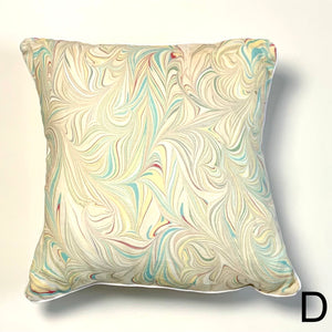 Load image into Gallery viewer, Swirl marbling pattern, linen fabric square cushion. Multi-colour lemon gold, peach, teal, dark grey and maroon. Approximate measurement 16in x 16 in (40cms x 40 cms)
