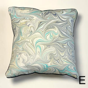 Load image into Gallery viewer, Swirl marbling pattern, linen fabric square cushion. Multi-colour  teal, dark grey and cream. Approximate measurement 16in x 16 in (40cms x 40 cms)
