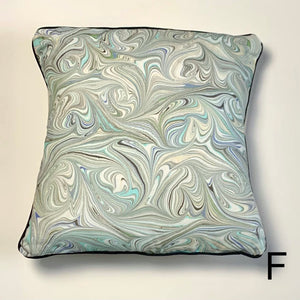 Load image into Gallery viewer, Swirl marbling pattern, linen fabric square cushion. Multi-colour teal, dark grey and cream. Approximate measurement 16in x 16 in (40cms x 40 cms)
