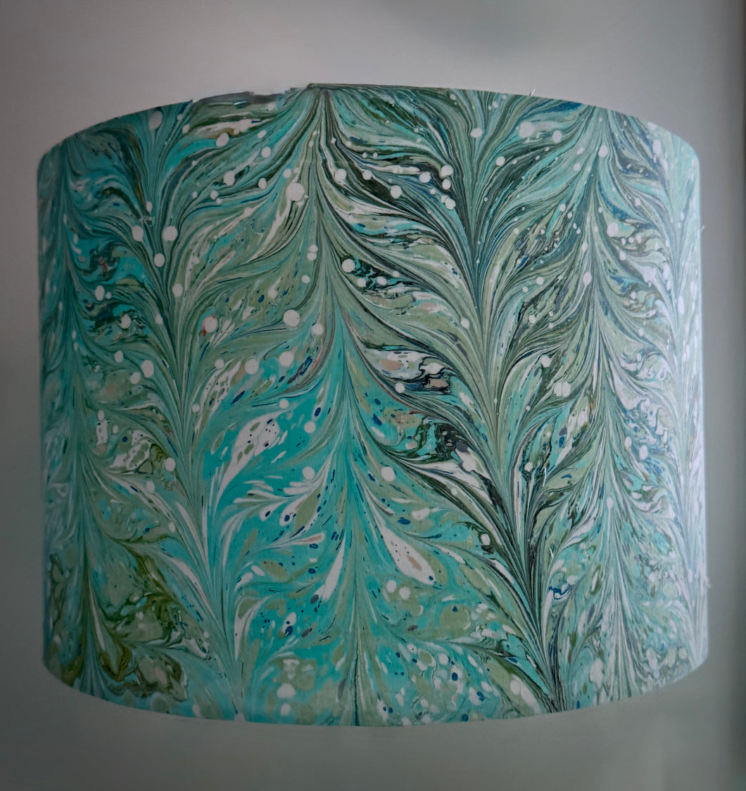 Organic cotton 30cm drum lampshade with feathered chevron marbling pattern in teal and dark green with antique white