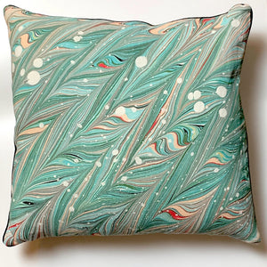 Load image into Gallery viewer, ROCWORX Marbled linen cushion, 16 in/ 41 cm square. Feathers and Antique White pattern in dark green, teal, peach and cherry red
